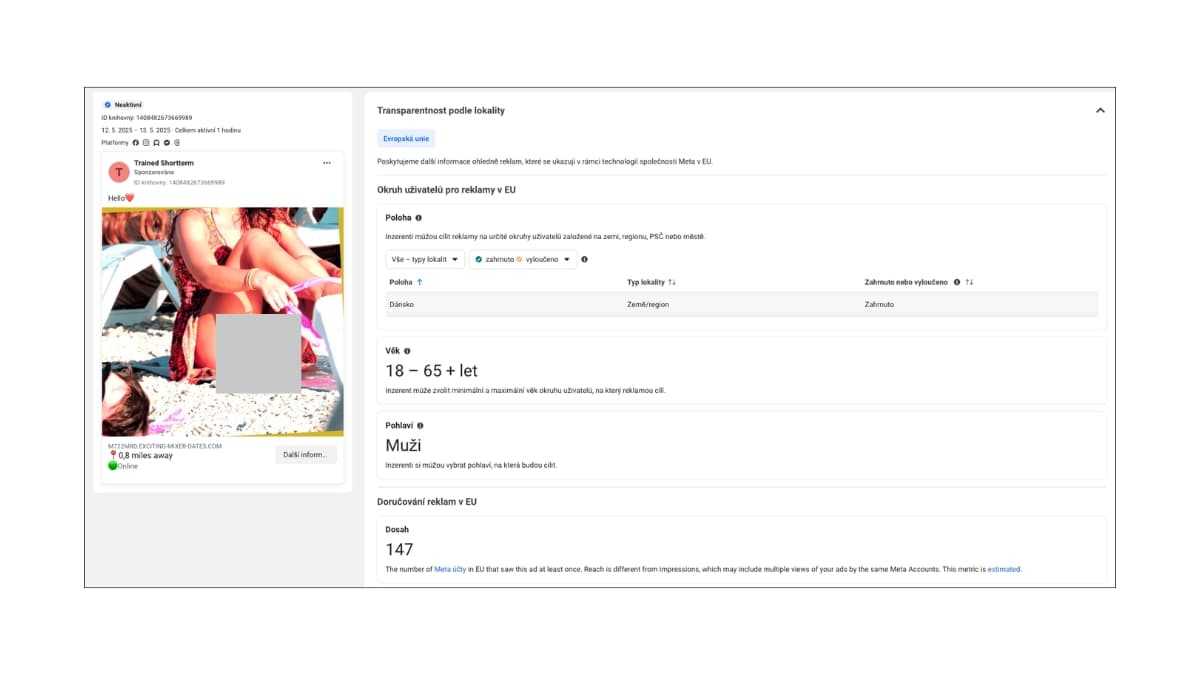 Příklad pornografické reklamy, která cílila na uživatele v EU